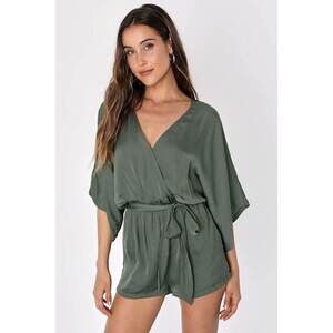 Lulus Ain't It Grand Olive Green Satin Surplice Romper - Size M
